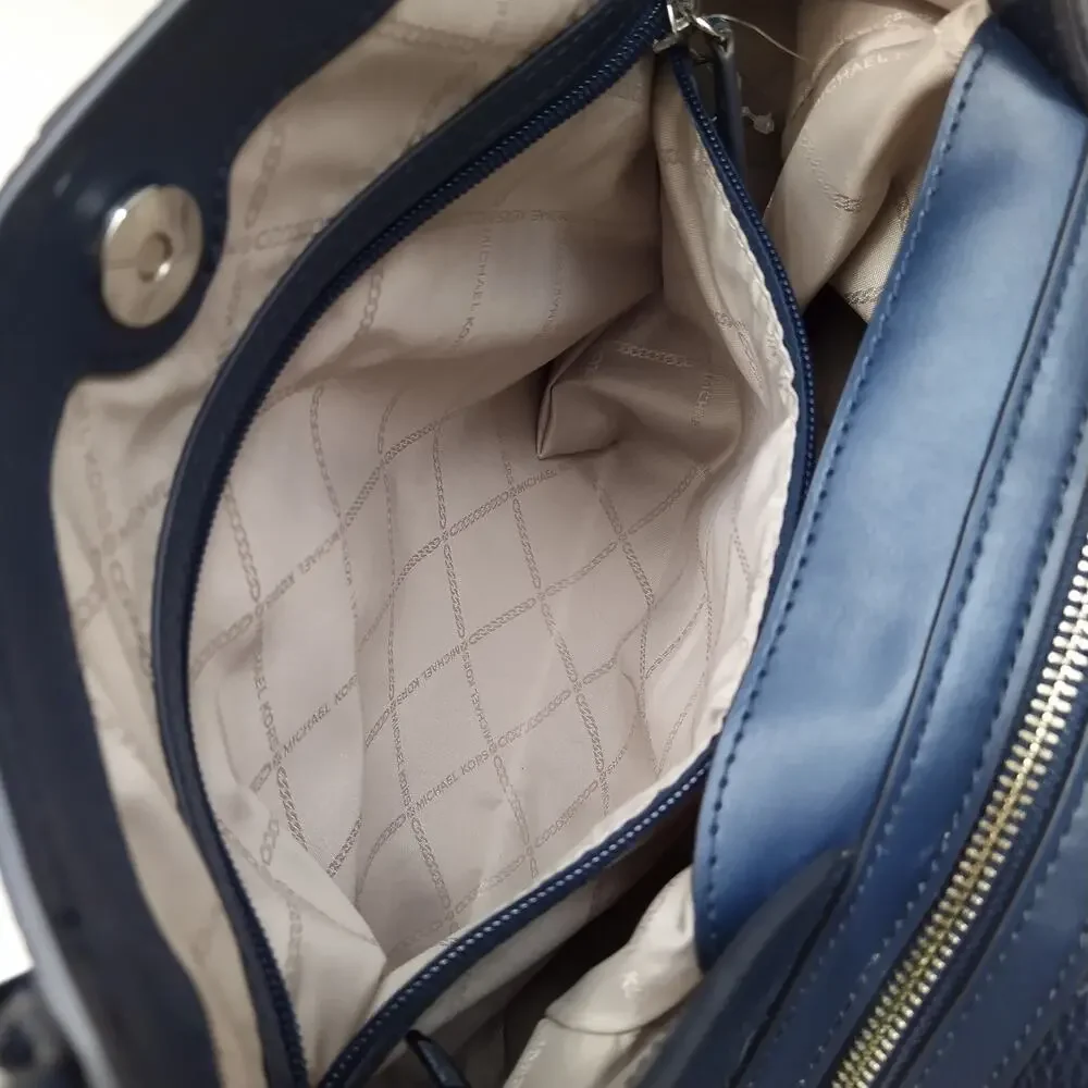 Michael Kors Molly Blue Pebbled Leather 3 Compartments Shoulder Bag